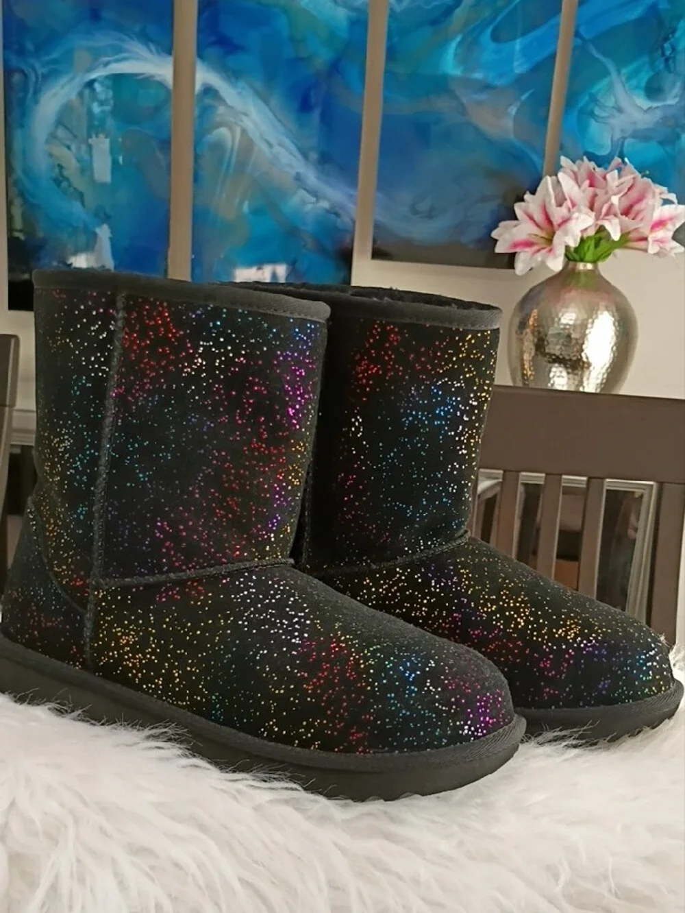 New UGG Classic II Shimmer Sky Glitter Boots in Black Rainbow Glitter